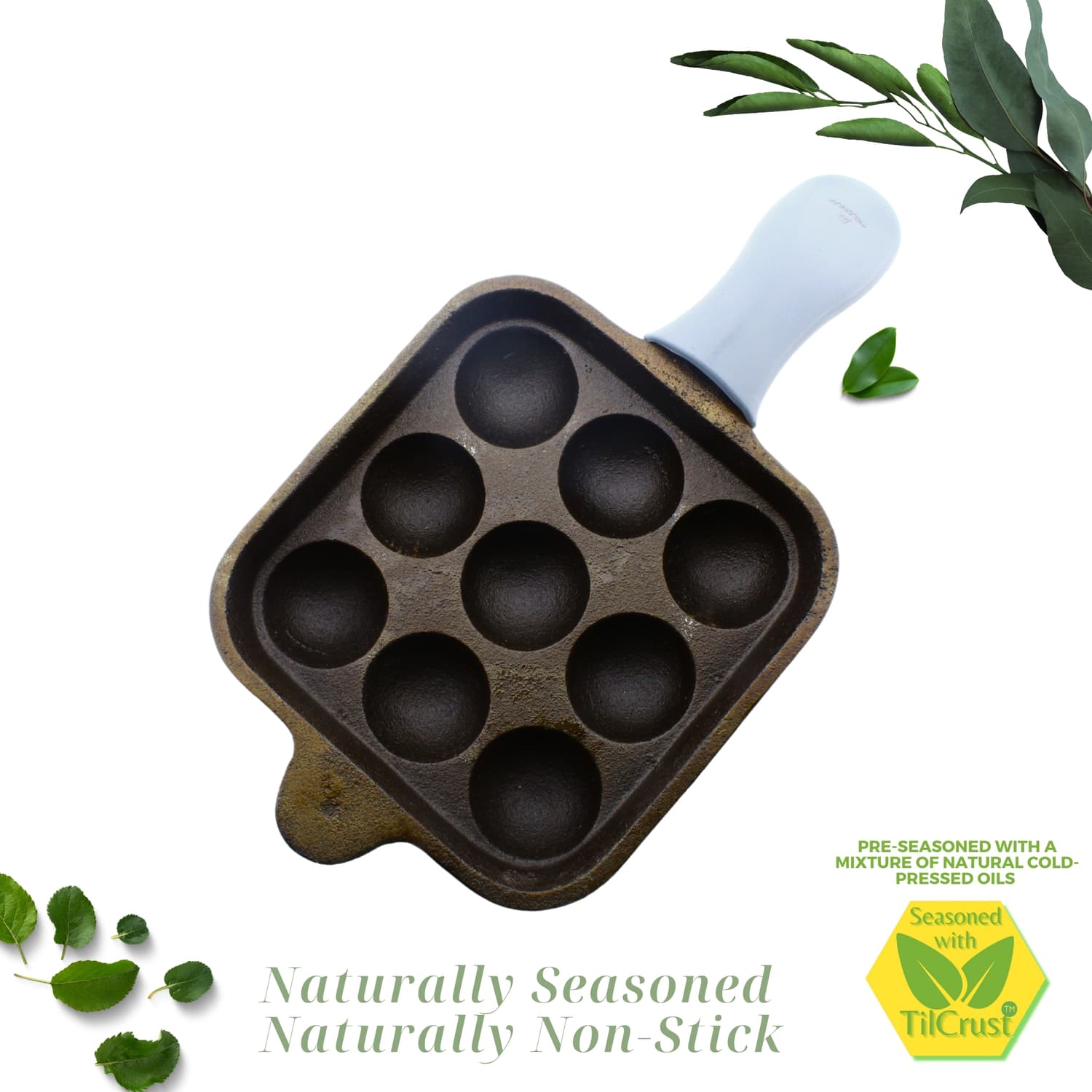 Triple Seasoned Cast Iron Paniyarakkal 9 Pits 6.7 Sq with Silicone Sleeve - Image 1