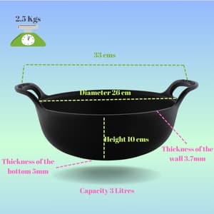 Triple Seasoned Cast Iron CrockWok Kadhai 10 in with Lid(26cm)