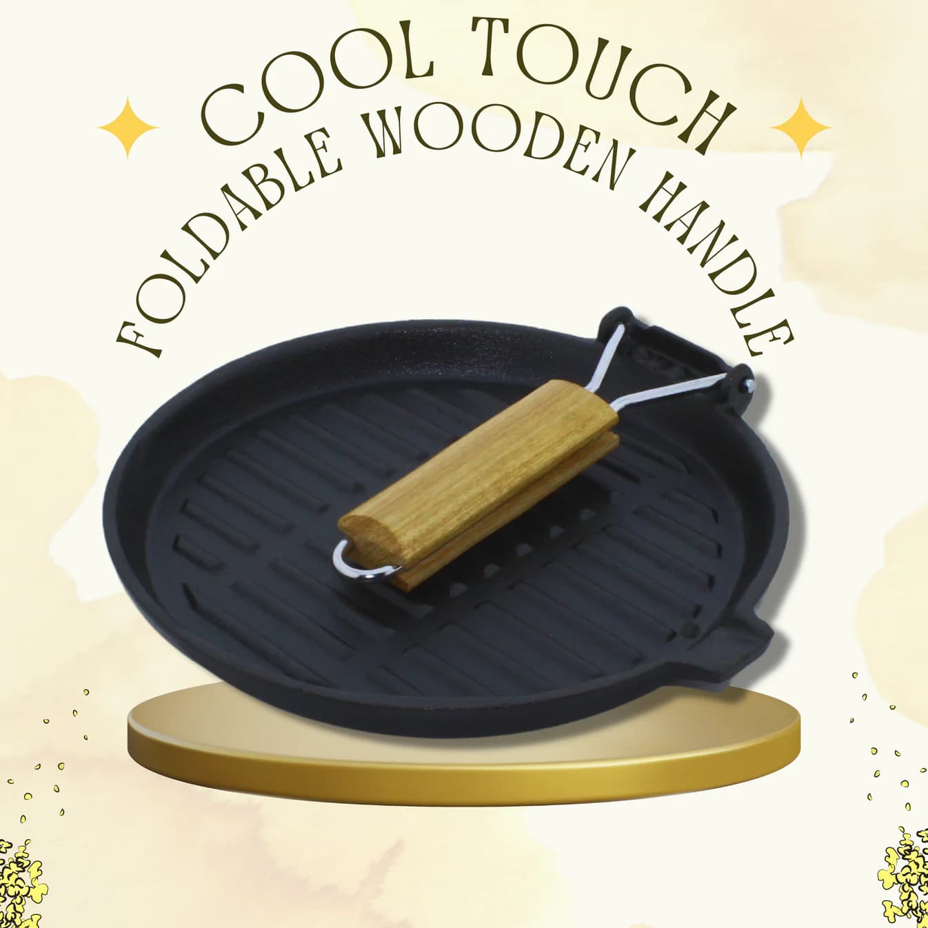 Triple Seasoned Cast Iron Round Grill Pan with Foldable Handle 9.4 in Induction Compatible - Image 3