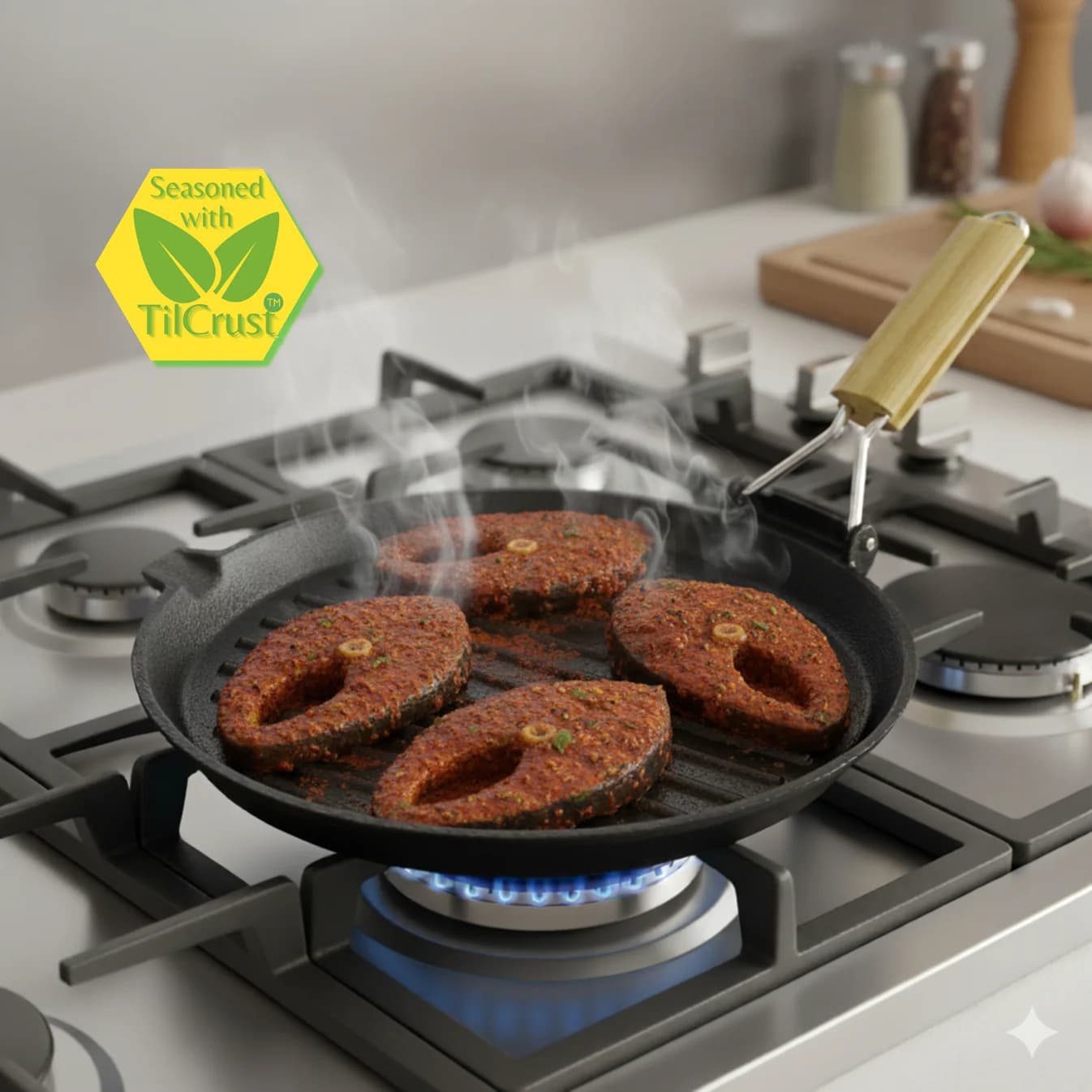 Triple Seasoned Cast Iron Round Grill Pan with Foldable Handle 9.4 in Induction Compatible - Image 2