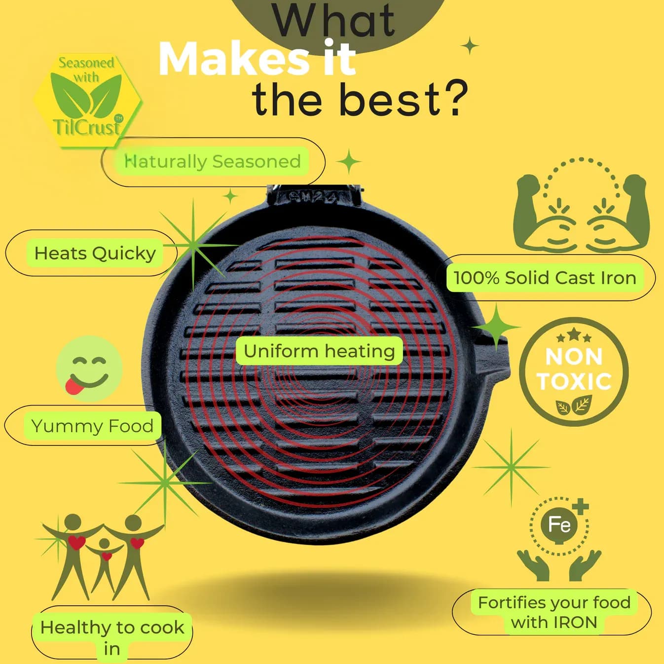 Triple Seasoned Cast Iron Round Grill Pan with Foldable Handle 9.4 in Induction Compatible - Image 7