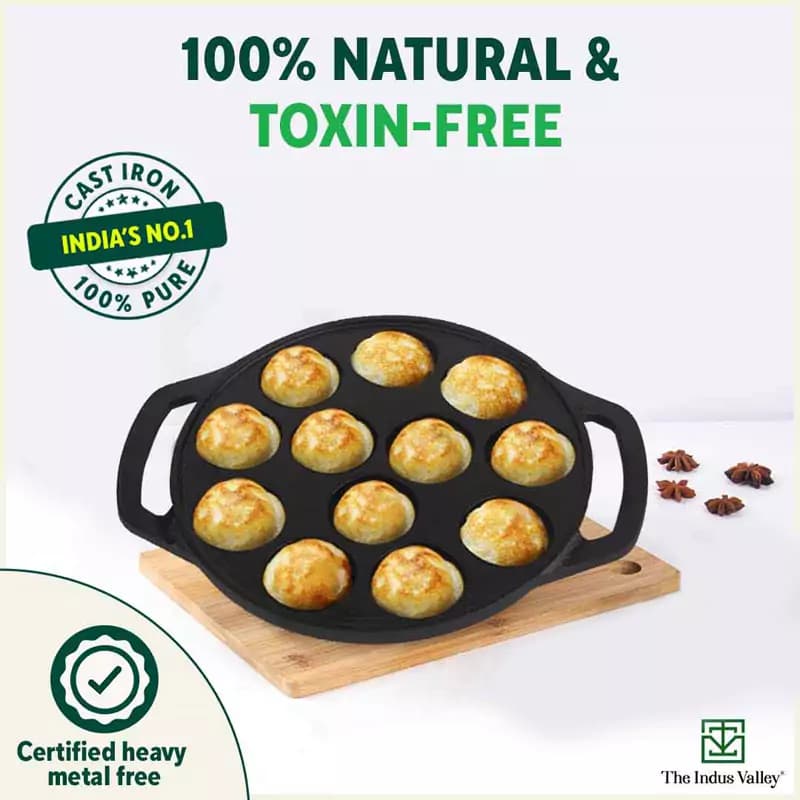 12 Pit/Cup CASTrong Cast Iron Kuzhi Paniyaram/Paddu Pan/Appe Maker 21 cm, Pre-seasoned, 100% Pure, Toxin-free - Image 5