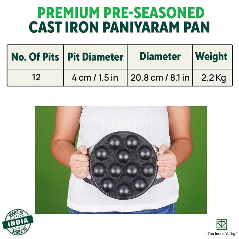 12 Pit/Cup CASTrong Cast Iron Kuzhi Paniyaram/Paddu Pan/Appe Maker 21 cm, Pre-seasoned, 100% Pure, Toxin-free - Image 6