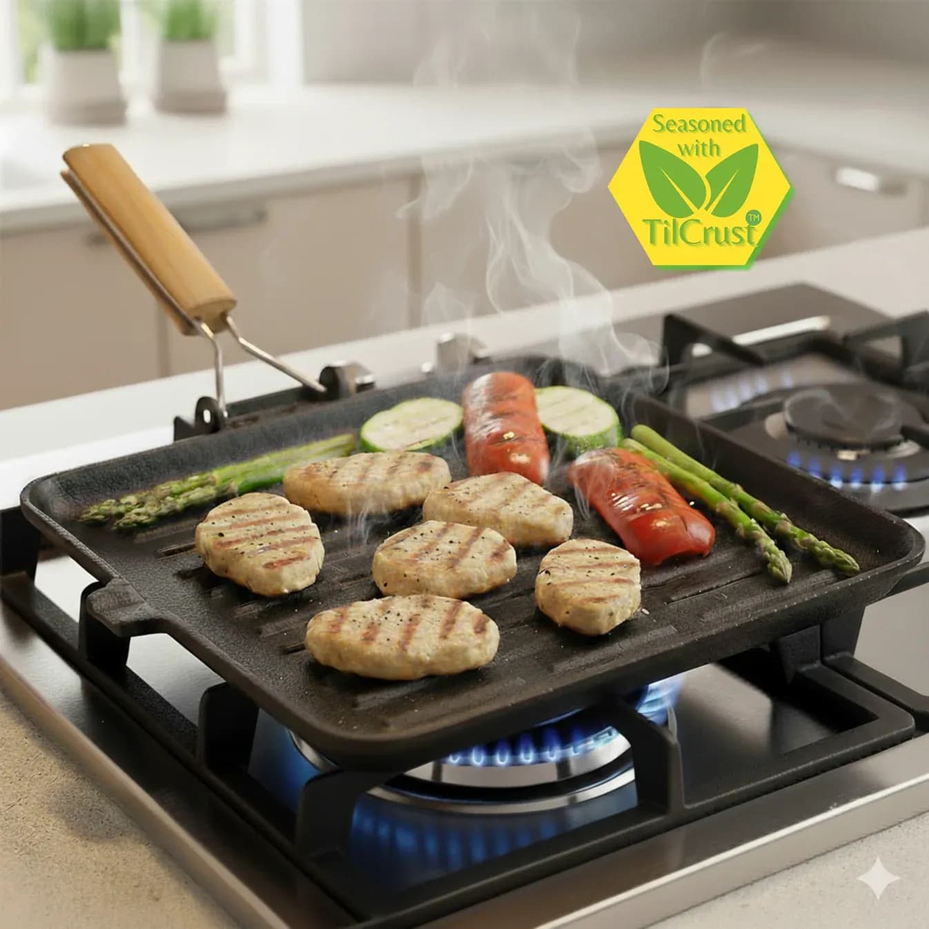 Triple Seasoned Cast Iron Grill Pan with Foldable Handle 9.4 in Square Induction Compatible(24cm) - Image 1