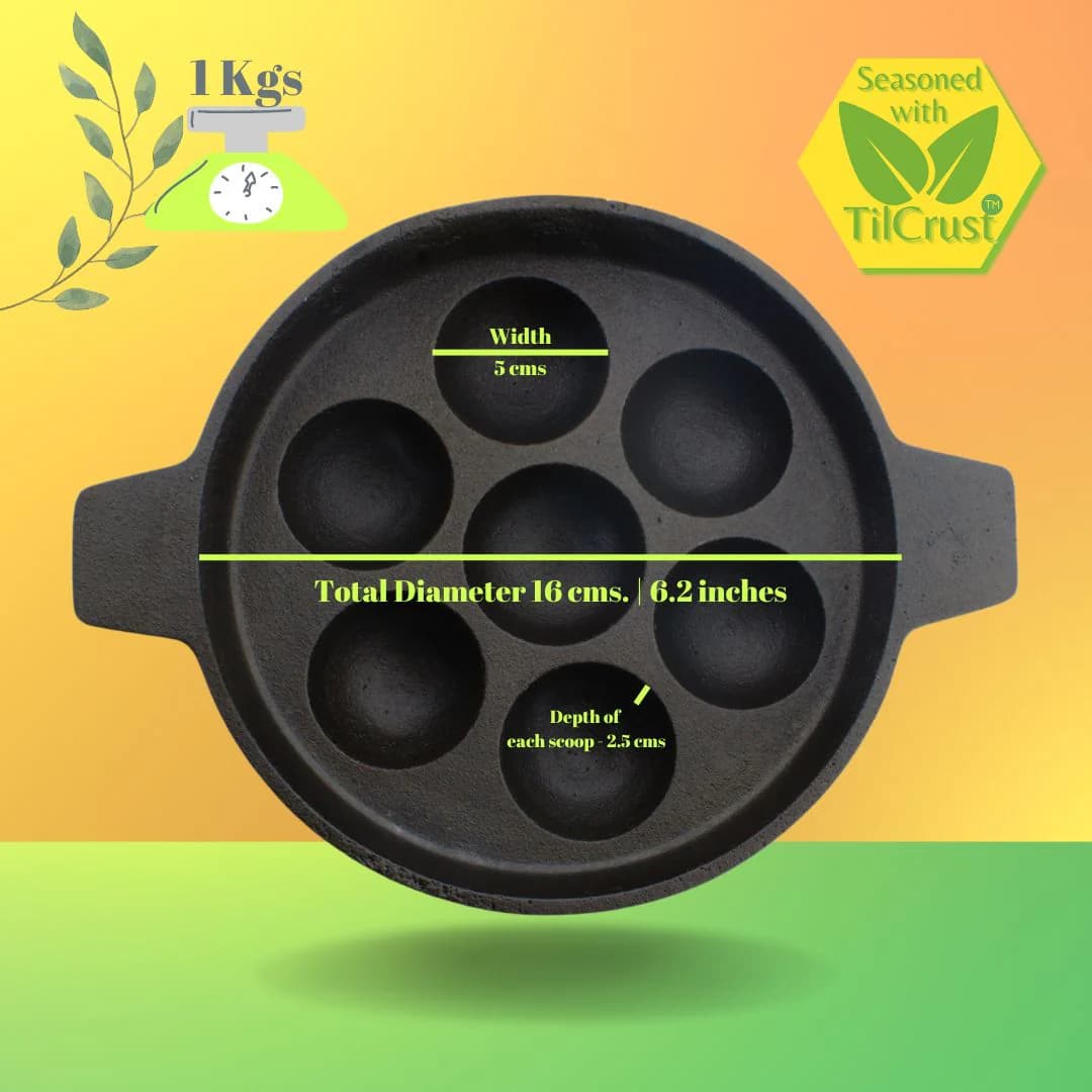 Triple Seasoned Cast Iron 7 Pits Paniyarakkal with Lid 6.3 in - Image 2