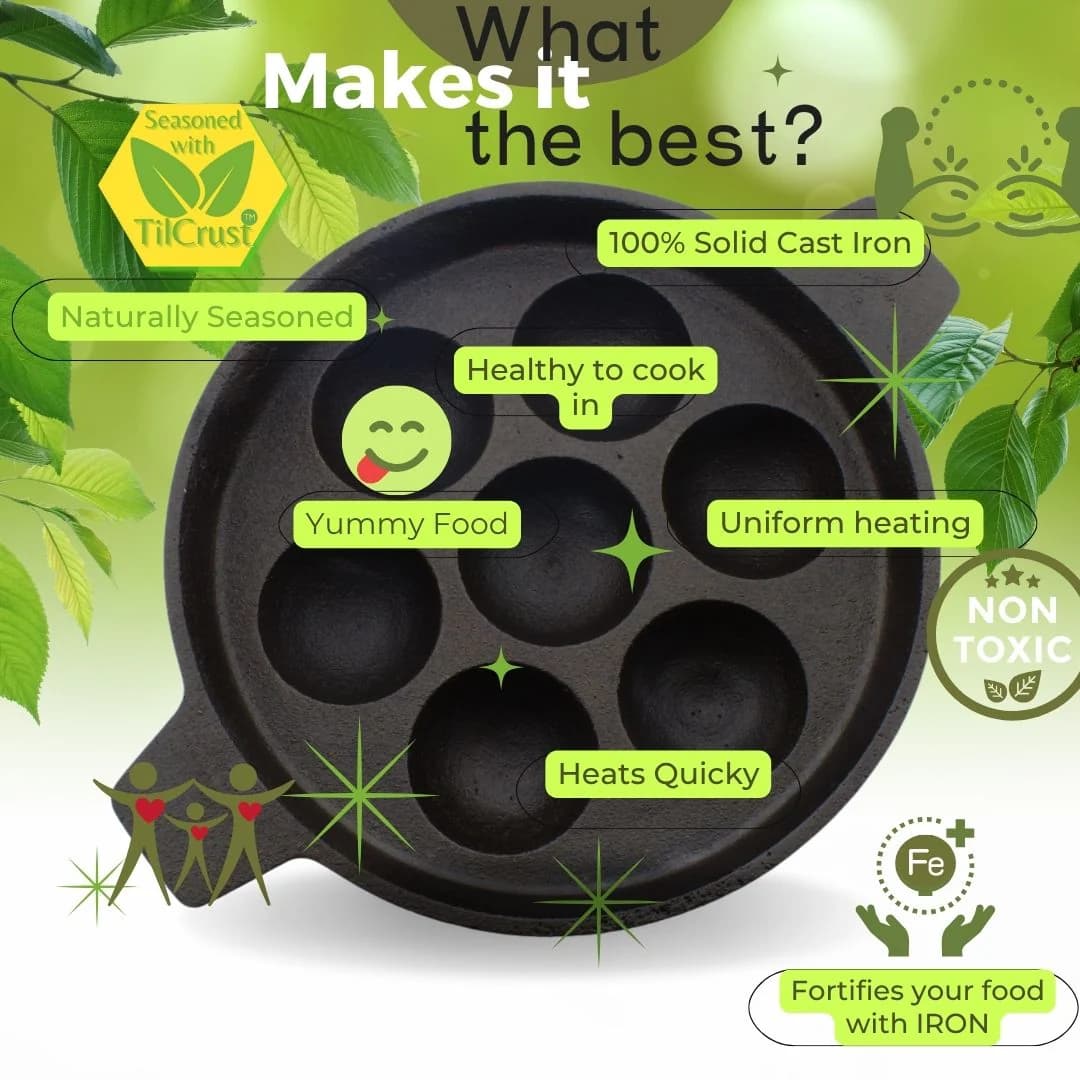 Triple Seasoned Cast Iron 7 Pits Paniyarakkal with Lid 6.3 in - Image 6