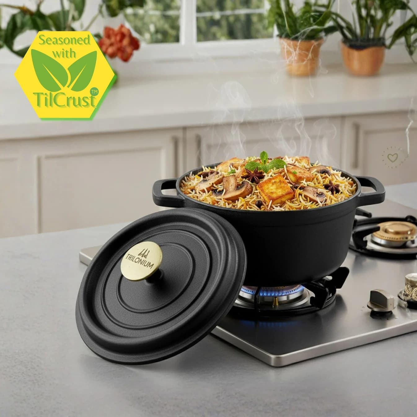 Triple Seasoned Cast Iron Dutch Oven Pot, Casserole, Biriyani Pot, Cooking Pot 10 in(26cm)