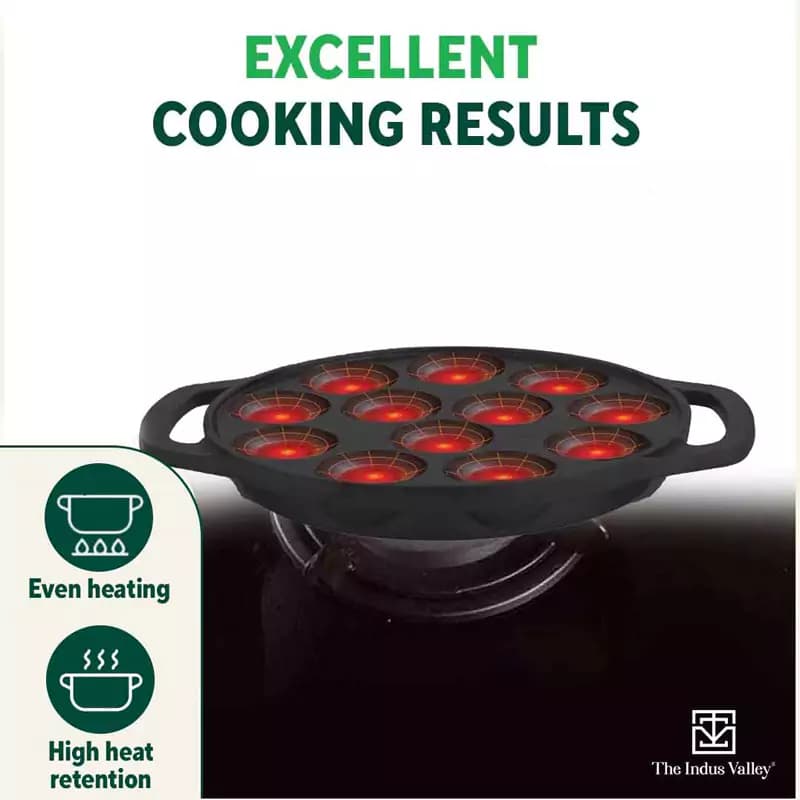 12 Pit/Cup CASTrong Cast Iron Kuzhi Paniyaram/Paddu Pan/Appe Maker 21 cm, Pre-seasoned, 100% Pure, Toxin-free